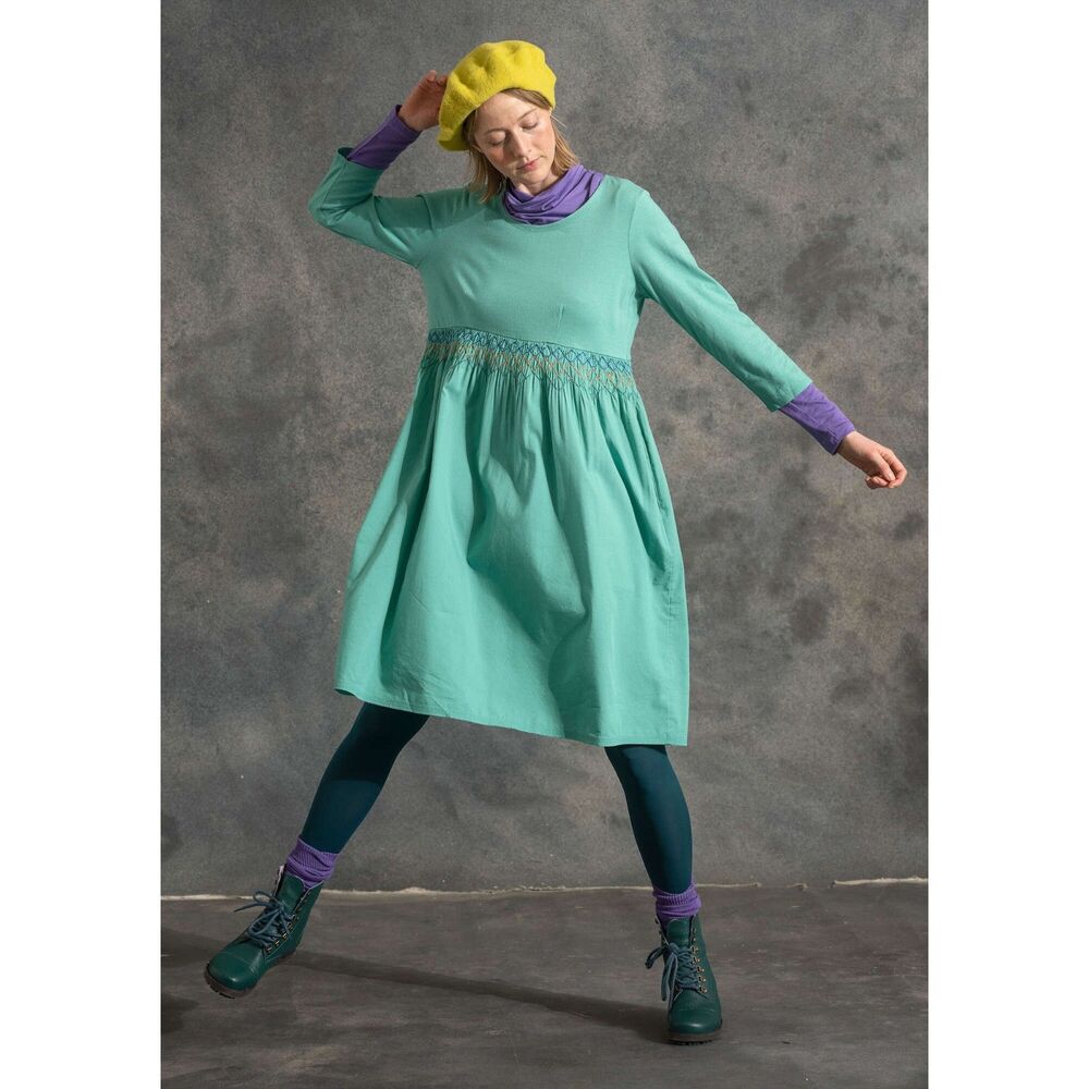 Gudrun Sjoden | Embroidered Jersey 3/4 Sleeve Scoop Neck Dress in Jade Green, XL